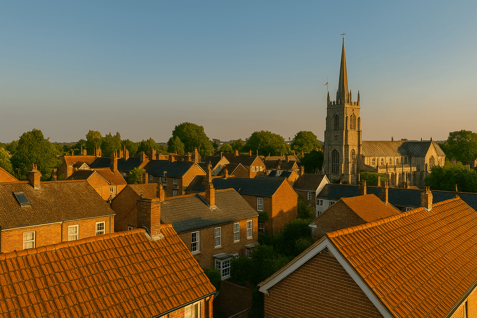 Chelmsford rooftops showing various roof types and the historic cathedral, demonstrating our local roofing expertise