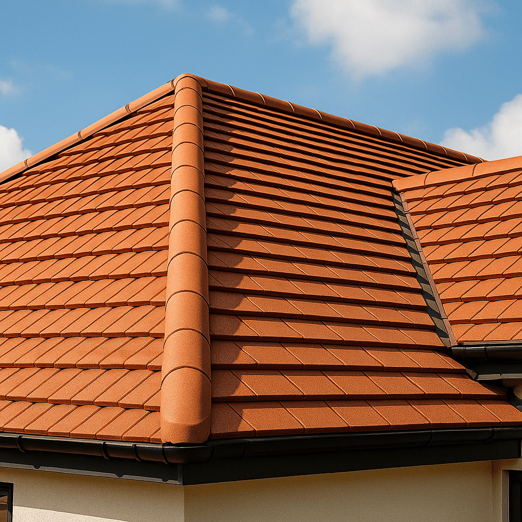 Newly installed terracotta tile roof with ridge tiles in Chelmsford
