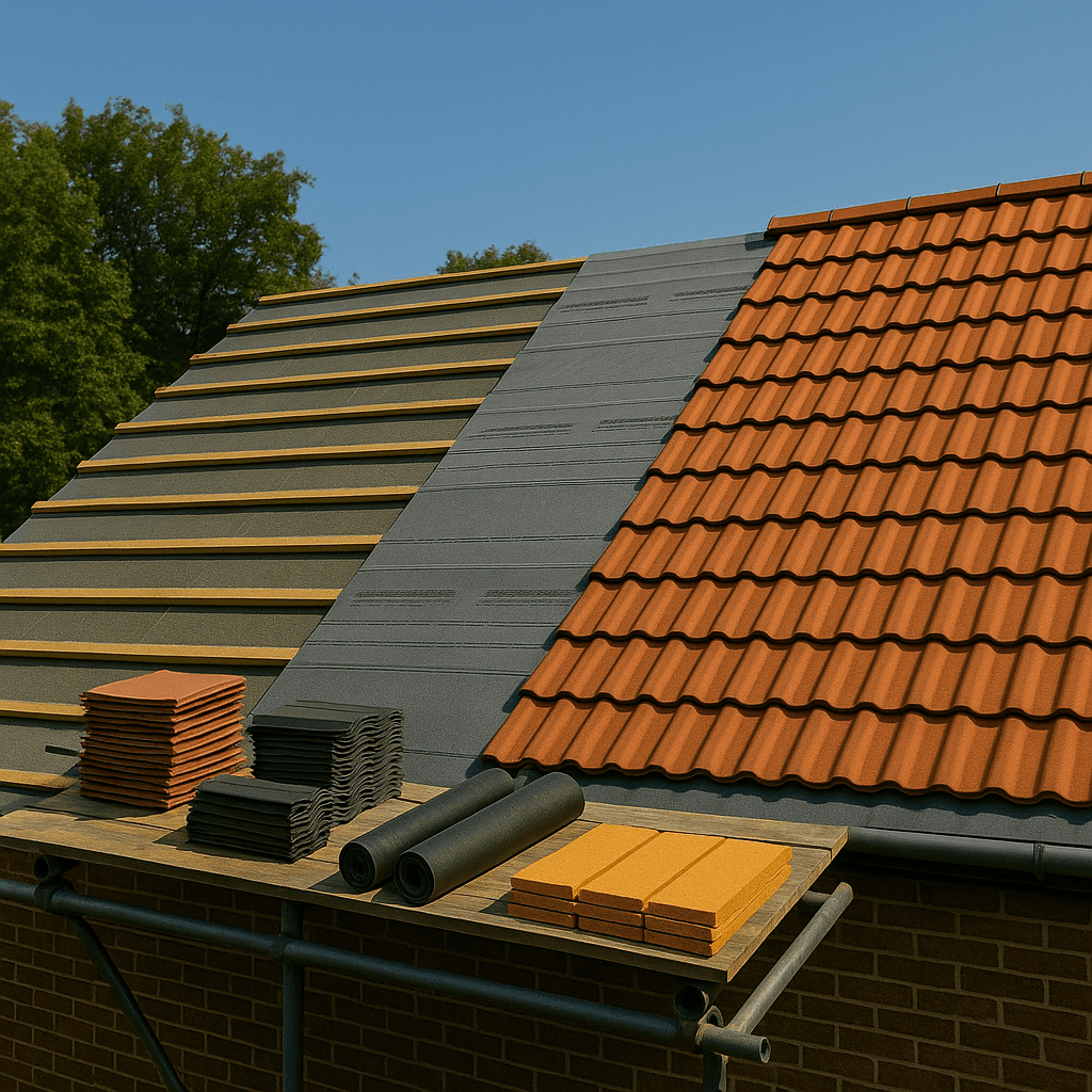 Professional roof installation process showing tile installation and roofing materials in Essex