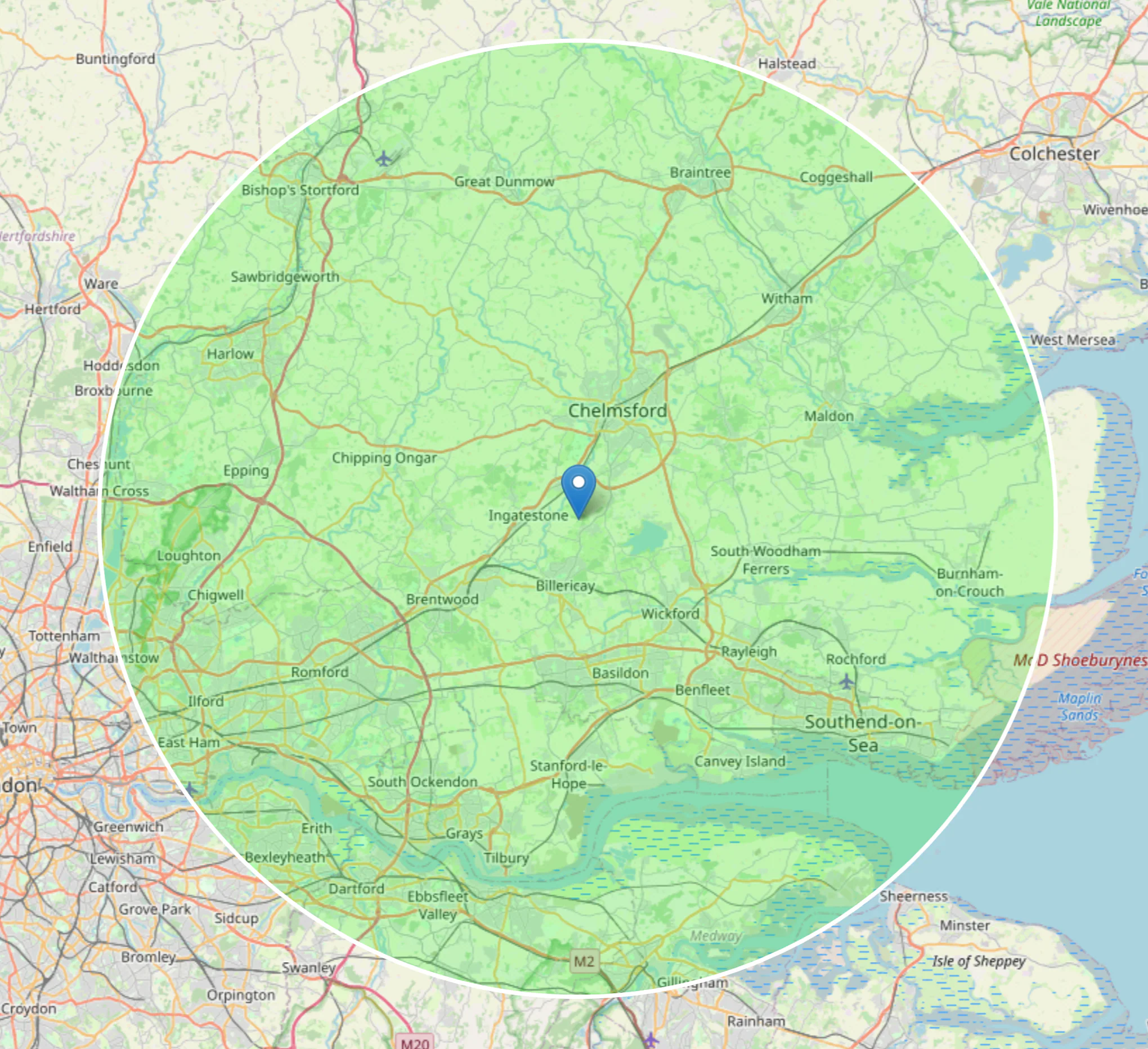 Map showing Stock, Essex and 20 mile service radius